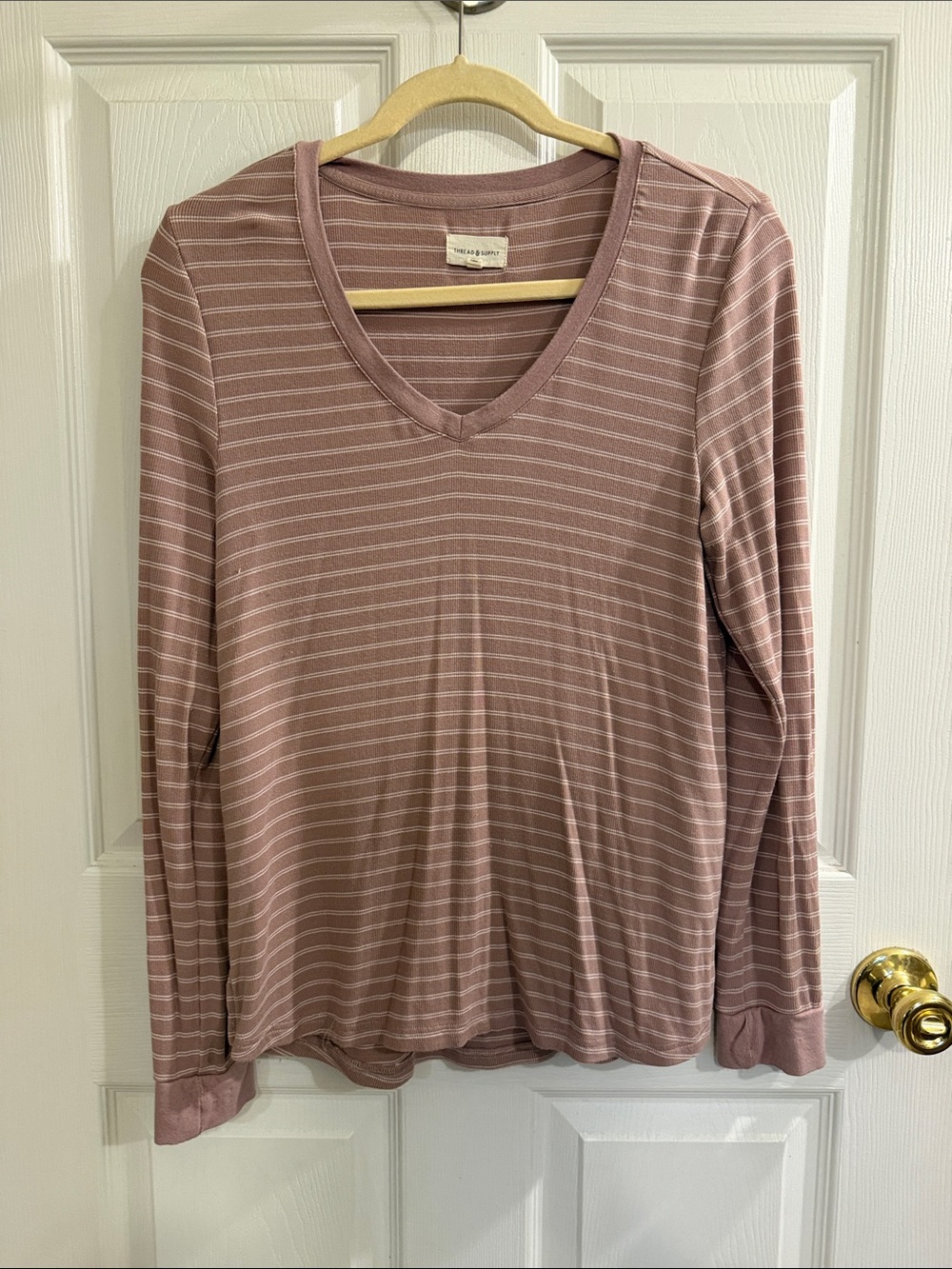 Thread & Supply Mauve Striped V‑Neck Long Sleeve Top